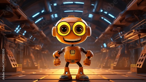 A friendly and curious cartoon robot meticulously inspecting the control panels and equipment of a nuclear power facility with a diligent and cautious expression on its face photo