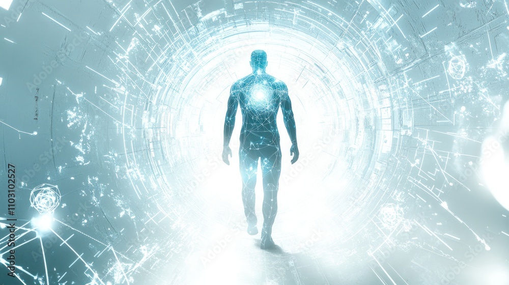 A human face dissolving into particles and data streams, illustrating the concept A human face dissolving into particles and data streams, illustrating the concept