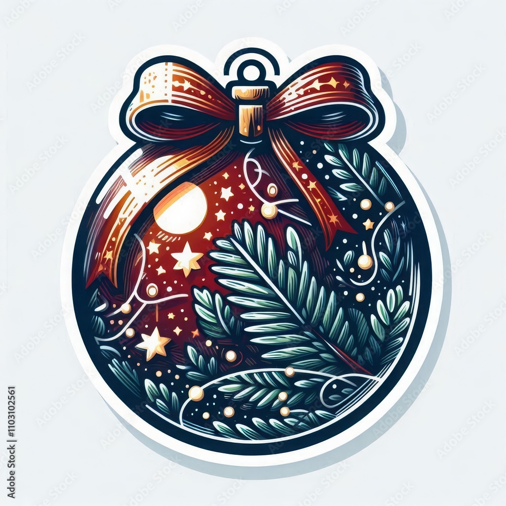 Obraz premium Ornate ornament with pine branches, stars, and a red ribbon, ideal for holiday decoration