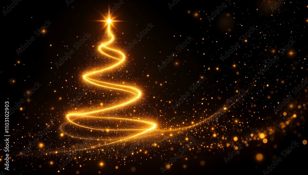 Obraz premium A minimal outline of a Christmas tree with subtle golden lights on a black background. Beautiful Christmas or New Year celebration minimalistic poster or banner.