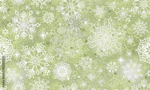 Vector hand drawn green seamless winter pattern with snowflakes and stars and spots