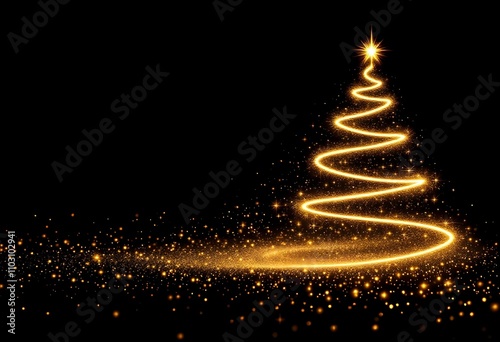 A minimal outline of a Christmas tree with subtle golden lights on a black background. Beautiful Christmas or New Year celebration minimalistic poster or banner. photo