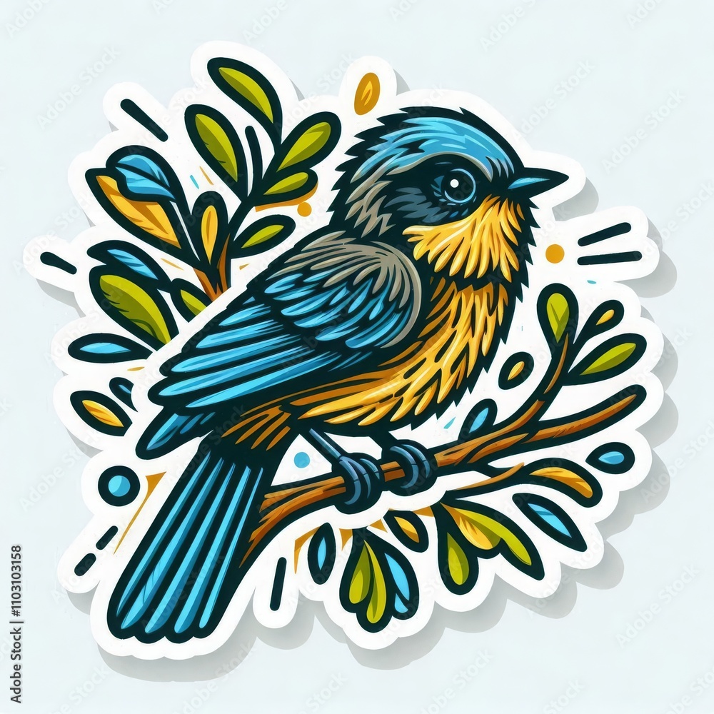 Fototapeta premium Colorful bird perched on a branch with vibrant leaves in an artistic style