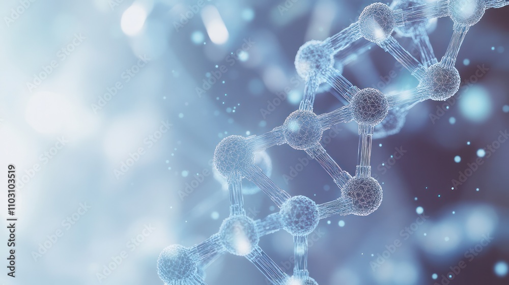 a DNA strand with transparent hexagonal elements interlinked around it in a network pattern on a light blue background a DNA strand with transparent hexagonal elements interlinked around it in a network pattern on a light blue background