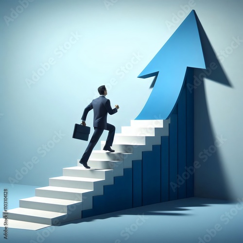 professional man standing on ladder a man walking up a stairs with a blue arrow pointing up.