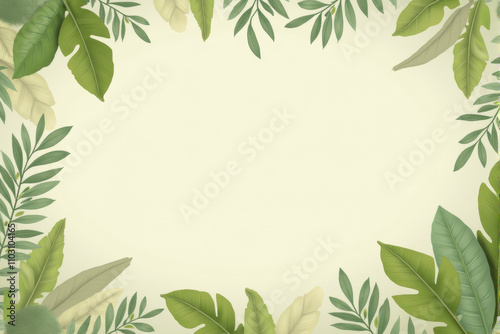 A frame of lush green leaves encircles on background.