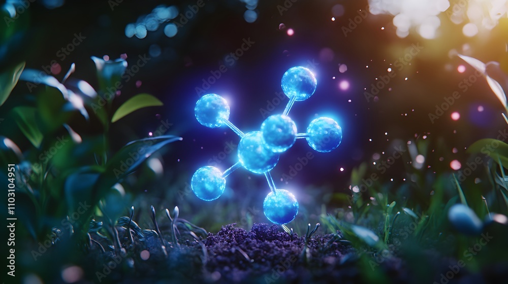 Glowing Molecule Symbol in Nature:  A captivating image of a glowing blue molecule symbol rising from the ground in a lush forest setting, symbolizing innovation, growth.