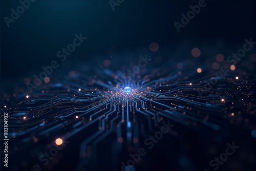 A futuristic digital landscape with glowing blue lines and red accents, creating a sense of depth and speed.