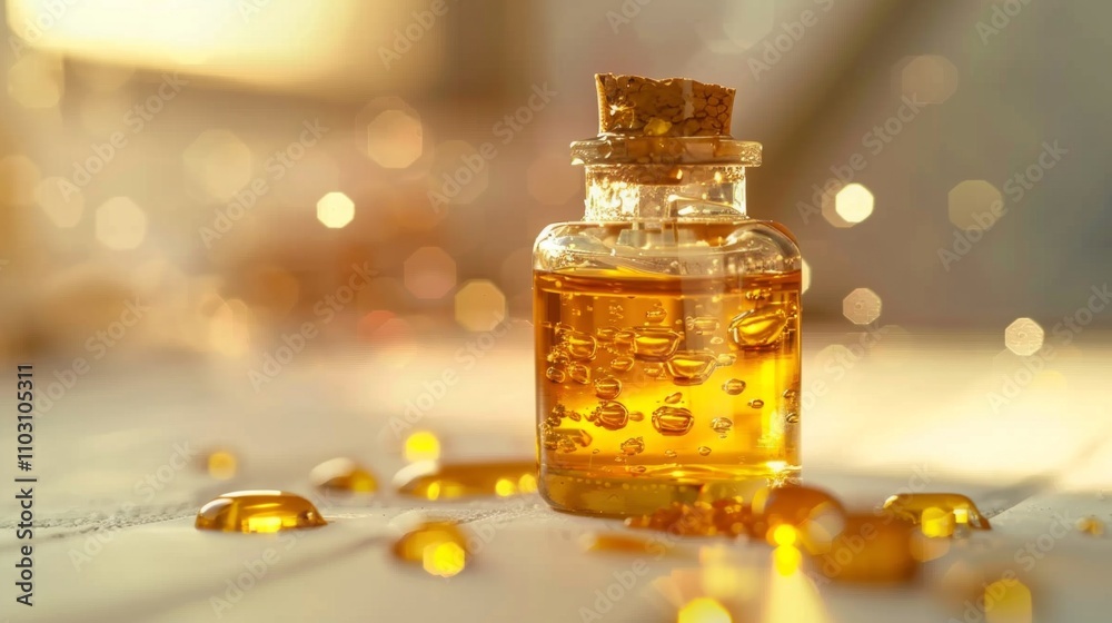Small glass bottle of golden oil with scattered droplets on a white reflective surface illuminated by natural light. Jojoba oil. Generative AI Small glass bottle of golden oil with scattered droplets on a white reflective surface illuminated by natural light. Jojoba oil. Generative AI