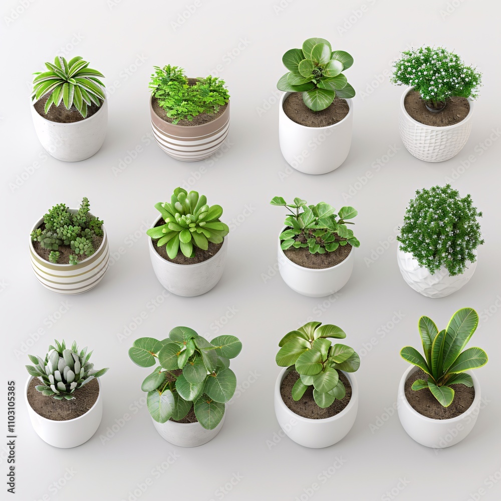 2409_203.An assortment of whole, potted plants,isolate, perfect top-down view, showcasing diverse varieties, arranged with space around each potted plants, no sides visible, plan presentation,3d