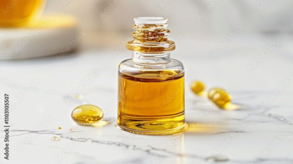 Small glass bottle of golden oil with scattered droplets on a white reflective surface illuminated by natural light. Jojoba oil. Generative AI Small glass bottle of golden oil with scattered droplets on a white reflective surface illuminated by natural light. Jojoba oil. Generative AI