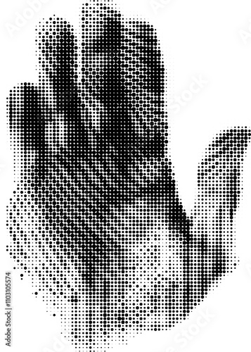 Handprint halftone bitmap collage element on transparent background, Handprint y2k collage element, Handprint grunge photocopy magazine clipping with isolated clipping path