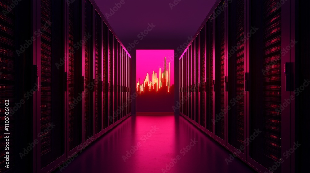 Fototapeta premium Forecast for peak energy concept Futuristic server room with vibrant lighting and data visualization.