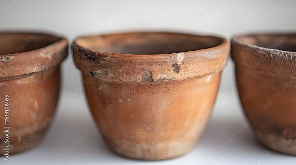 Rustic Terracotta Pots: Trio of aged terracotta pots, showcasing their unique textures and earthy tones. Perfect for adding a touch of rustic charm to your home decor. Rustic Terracotta Pots: Trio of aged terracotta pots, showcasing their unique textures and earthy tones. Perfect for adding a touch of rustic charm to your home decor.