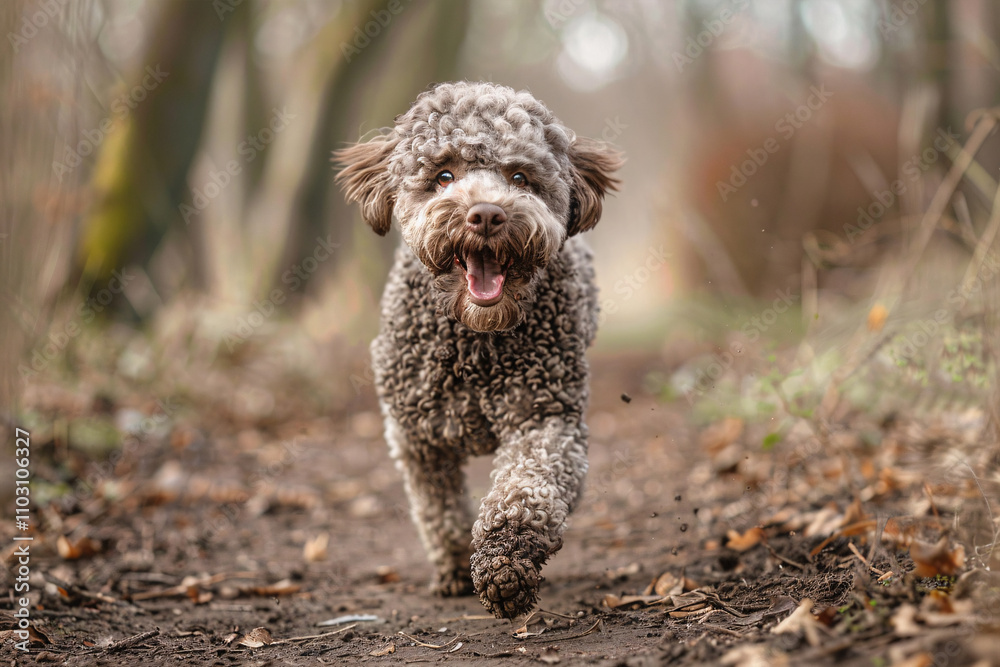 Lagotto Romagnolo dog running in forest Lagotto Romagnolo dog running in forest
