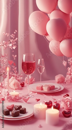 Romantic Valentine's Day Dinner Setting with Pink Balloons and Chocolates