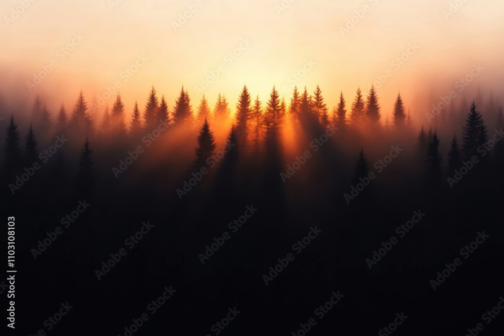 Golden sunrise illuminating misty forest landscape Golden sunrise illuminating misty forest landscape