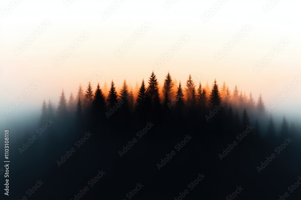 Fog entering coniferous forest at sunset creating misty landscape Fog entering coniferous forest at sunset creating misty landscape