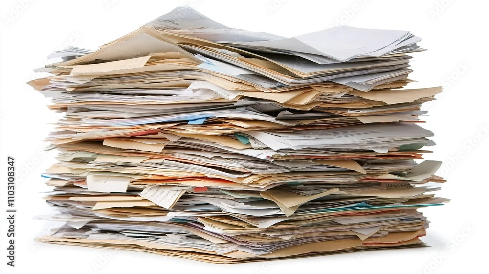 Pile of Disorganized Paper Documents on White Background Pile of Disorganized Paper Documents on White Background