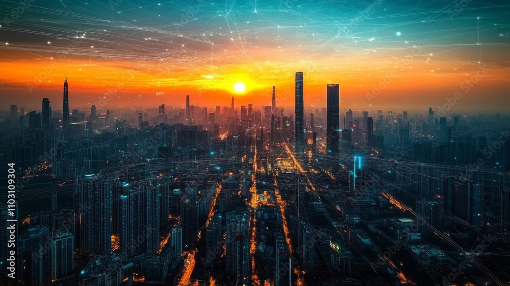 Fototapeta premium Bird's-eye Perspective: Cityscape at Twilight with Stunning Aerial View