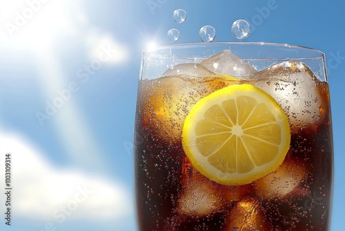 A refreshing drink with ice and a lemon slice, set against a bright sky. photo