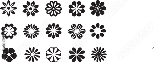 Set of trendy flower silhouette, floral symmetrical shape vector, plant symbols in Y2K aesthetics, Collection of various form, stickers assets, abstract geometric graphic elements