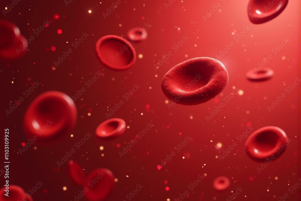 A microscopic view of red blood cells floating in a vibrant red fluid. A microscopic view of red blood cells floating in a vibrant red fluid.