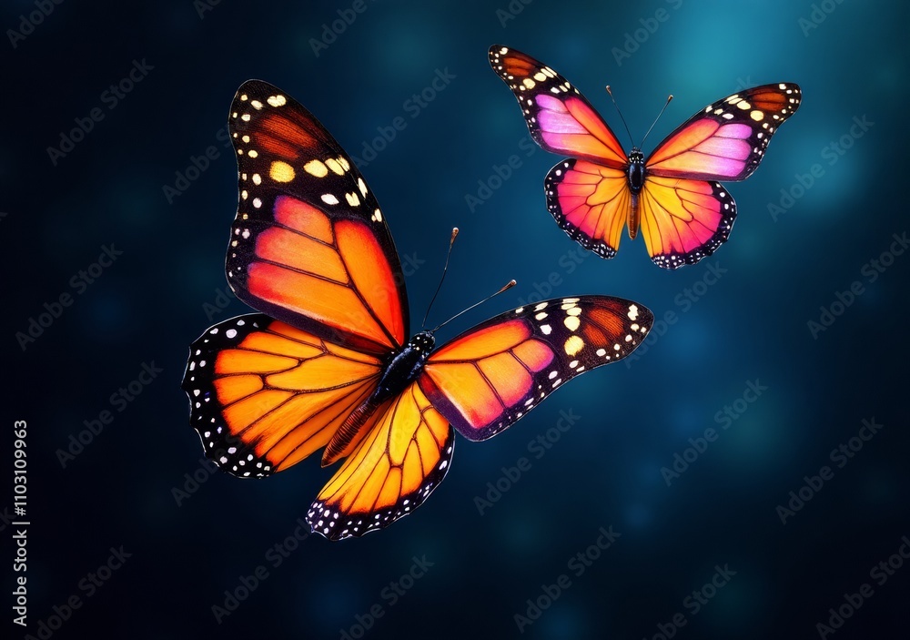 Fototapeta premium Vibrant butterflies in flight against a soft blue background captivating viewers