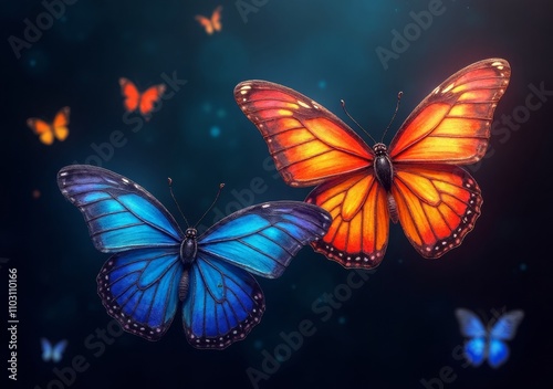 Colorful butterflies in a serene setting with soft illumination and vibrant hues