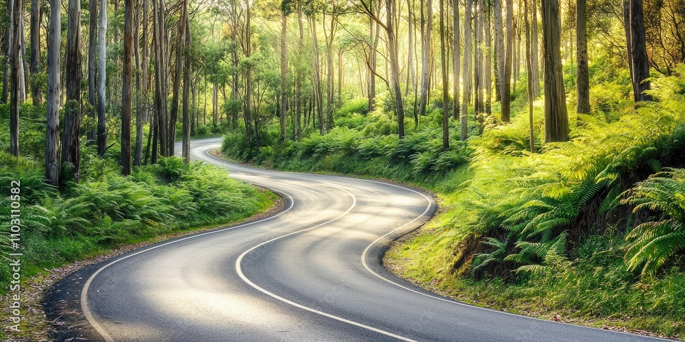 Fototapeta premium A tranquil, curvy road through a forest of towering trees, lush ferns growing along the sides, sunlight filtering gently through, creating dappled patterns