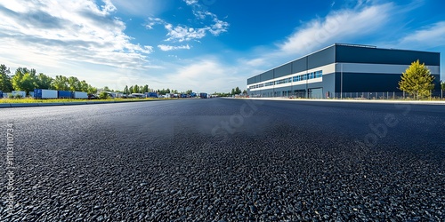 New Asphalt Road Leading to Modern Industrial Building photo