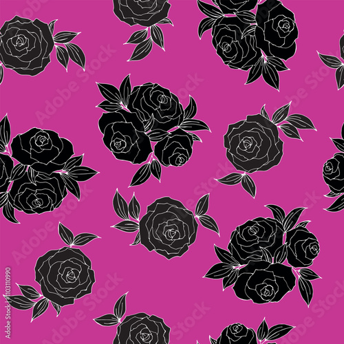 Seamless floral wallpaper pattern with black roses and leaves on pink background. Floral illustration for wallpaper, textile, fabric, wrapping, card, invitation, design element