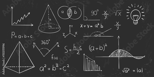 Math geometry graph and shapes on blackboard background. Set science doodle hand drawn sketch elements. Study theory formula, calculations.
