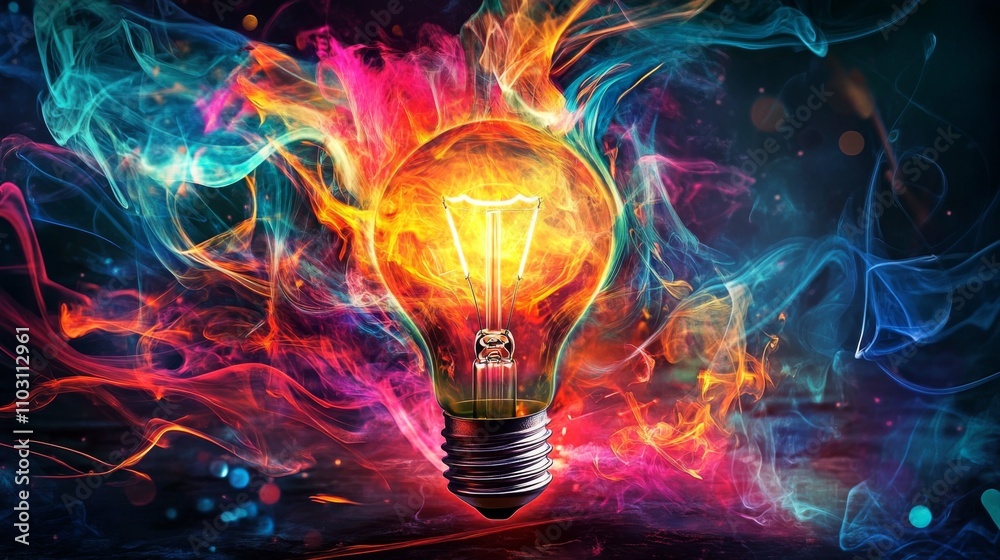 Colorful swirling energy envelops vibrant light bulb in dynamic composition Colorful swirling energy envelops vibrant light bulb in dynamic composition