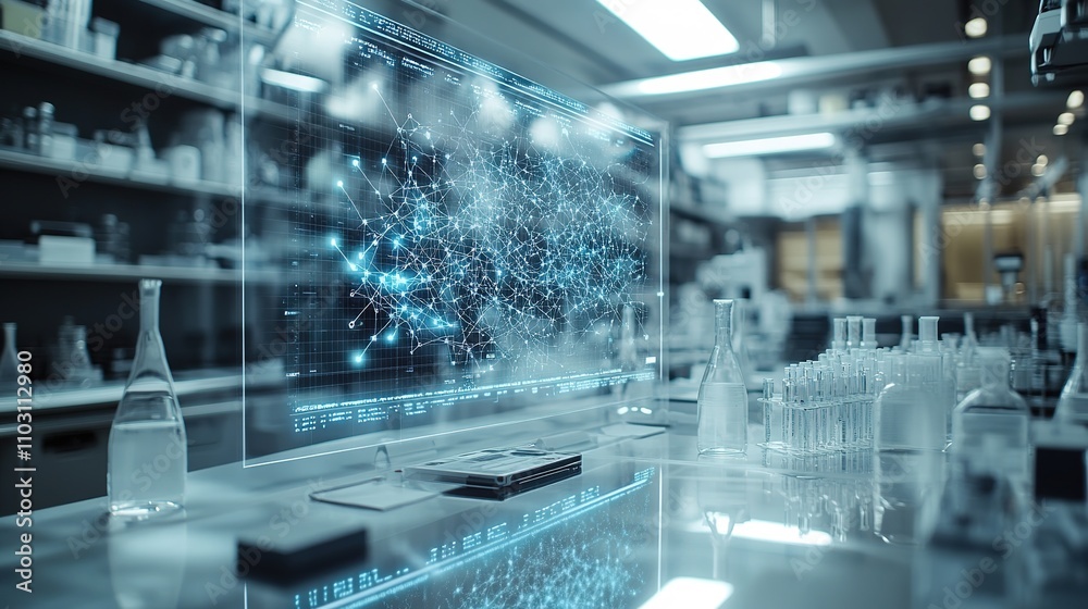 Futuristic lab with digital data screen and 3D molecules Futuristic lab with digital data screen and 3D molecules
