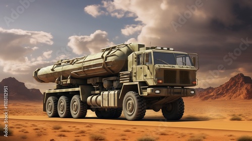 A military truck carrying a missile defense system driving through a rugged desert landscape  The vehicle is equipped with camouflage and military grade hardware