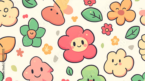 A delightful pattern featuring cute cartoon flowers and playful elements in a kawaii art style 