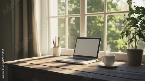 Sunlit Workspace 3D Illustration  Laptop  Coffee  and Plants by Window