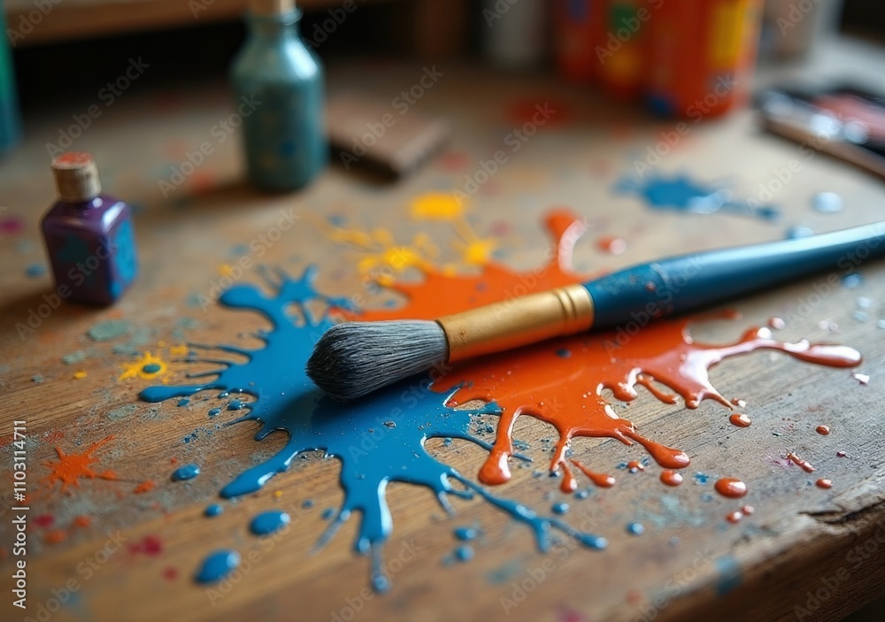 Fototapeta premium Bright colors spill across a wooden table with paintbrush and paint containers nearby