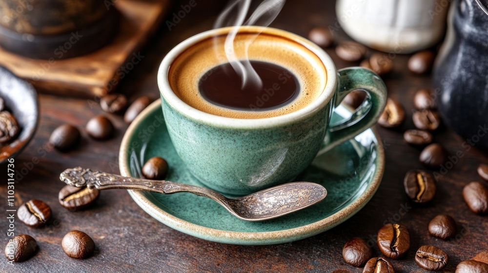 A steaming cup of coffee on a wooden table, surrounded by coffee beans and a spoon. A steaming cup of coffee on a wooden table, surrounded by coffee beans and a spoon.