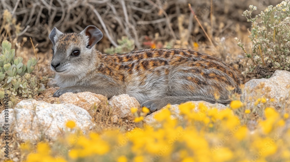 Obraz premium Rock hyrax resting among rocks and wildflowers in a natural habitat, perfect for wildlife themes, nature photography, and educational materials