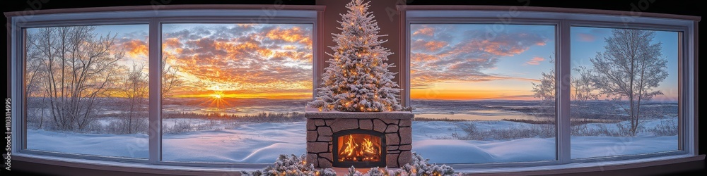 Cozy living room with a decorated Christmas tree, fireplace, and a panoramic view of a snowy sunset, perfect for holiday designs, seasonal wallpapers, and festive advertisements
Cozy living room with a decorated Christmas tree, fireplace, and a panoramic view of a snowy sunset, perfect for holiday designs, seasonal wallpapers, and festive advertisements