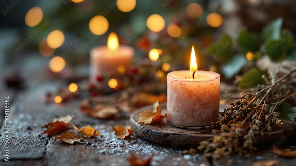 Warm autumn candles glowing softly amidst dried leaves and twinkling lights Warm autumn candles glowing softly amidst dried leaves and twinkling lights