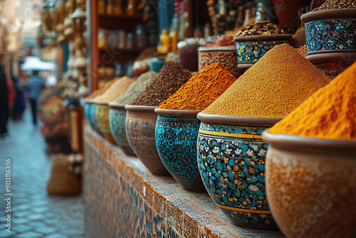 A racy traditional oriental market and bazaar with spices in large bowls. photo