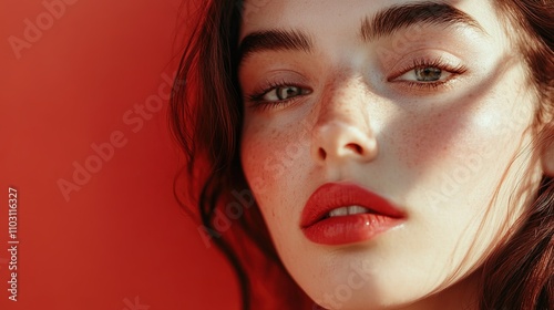 Beautiful Portrait of a Woman with Freckles and Bold Red Lips