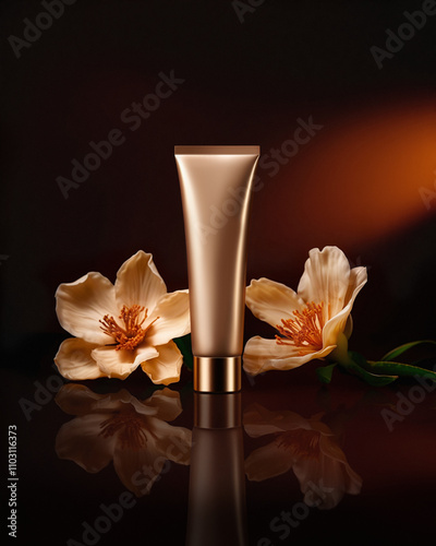 Bronze cream tube with gold cap stands on mirror surface with two flowers on black background. Vertical mockup of matte plastic packaging photo