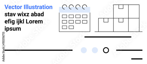Calendar with check marks, stacked warehouse boxes, text elements, lines, and dots. Ideal for logistics, inventory management, planning, supply chain, organization, warehousing scheduling Landing