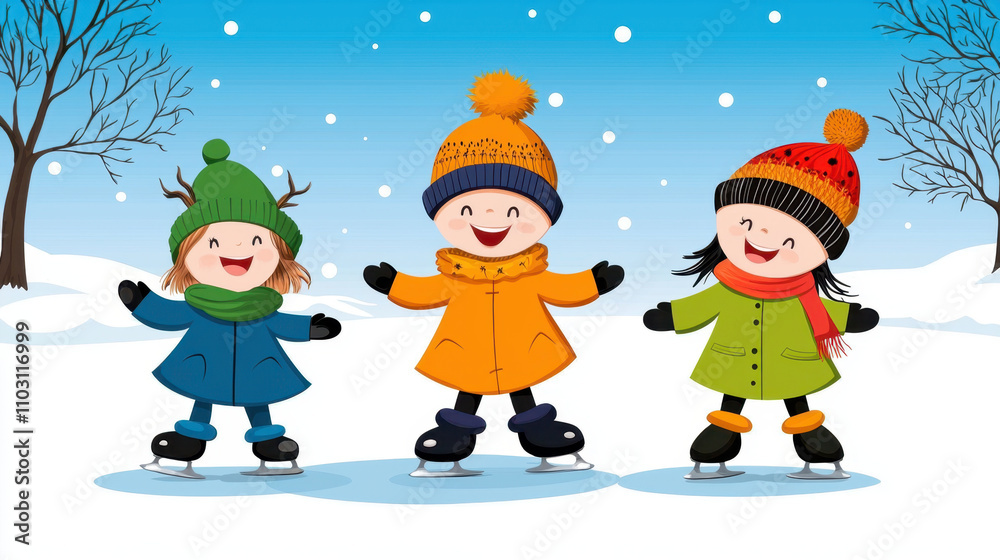 Playful cartoon scene featuring children ice skating in winter attire, enjoying snowy landscape with cheerful expressions Playful cartoon scene featuring children ice skating in winter attire, enjoying snowy landscape with cheerful expressions