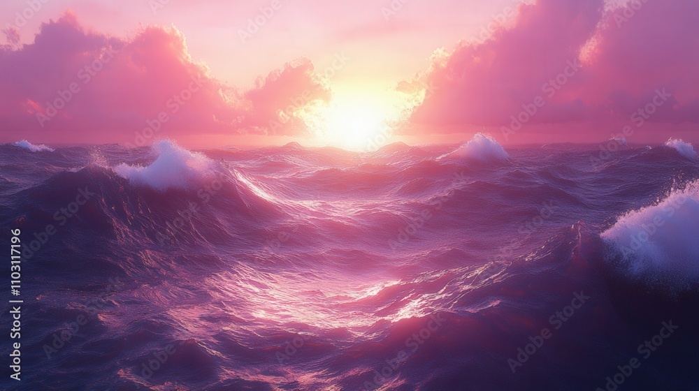 custom made wallpaper toronto digitalMajestic Ocean Waves at Sunset with Vibrant Pink and Purple Sky Creating a Dreamy Atmosphere Over the Calm Waters, Perfect for Serene Nature Backgrounds