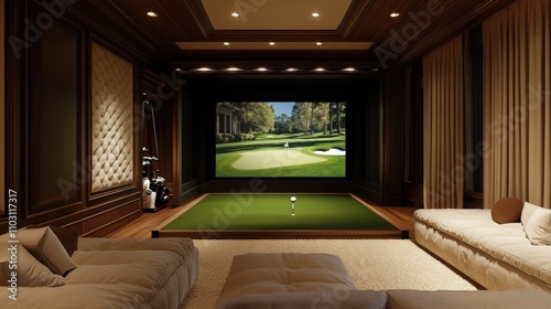 A sophisticated Hollywood Regency-inspired home golf simulator room featuring high-tech equipment